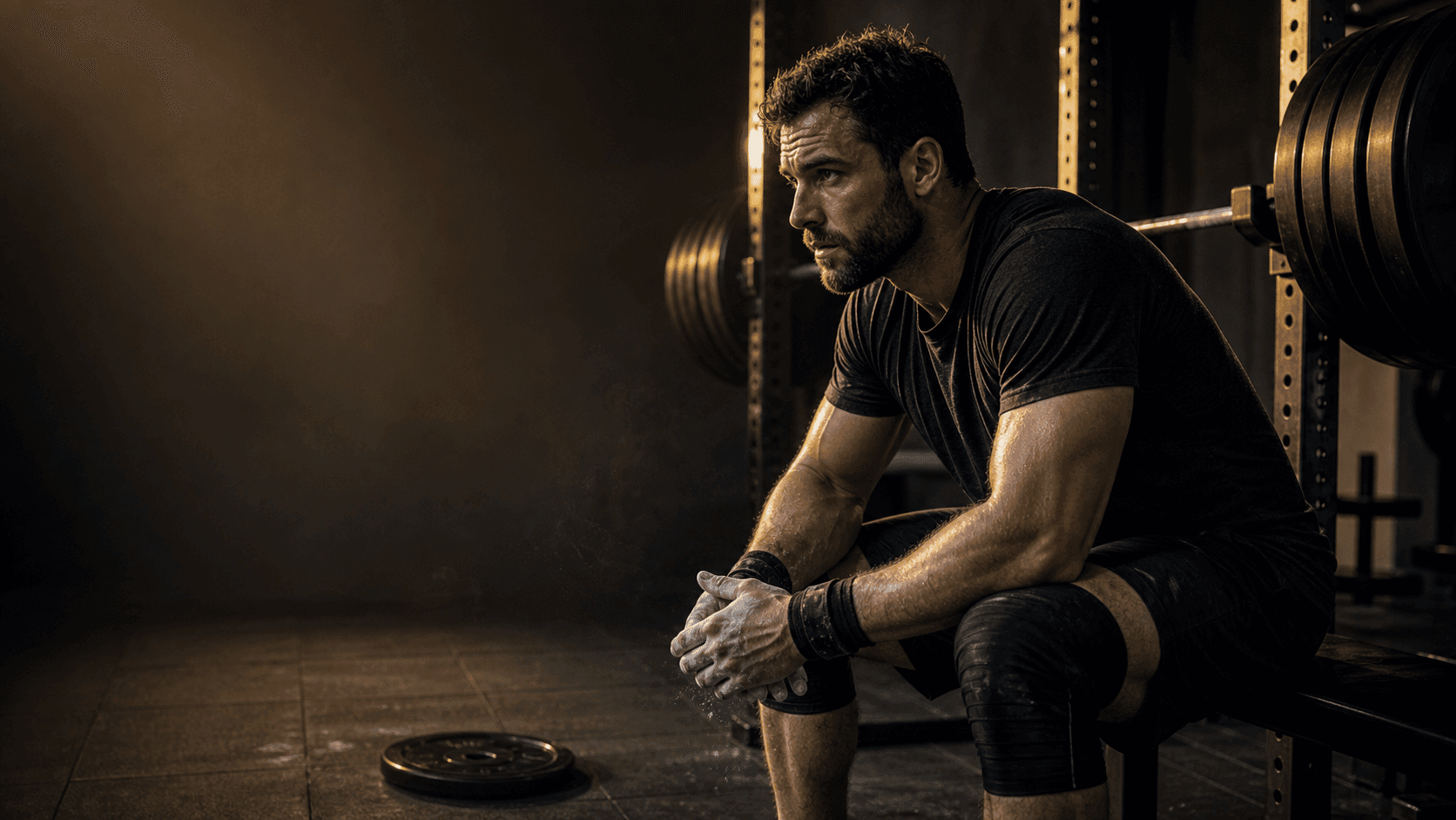 Strength athlete resting between heavy squat sets in a dark gym